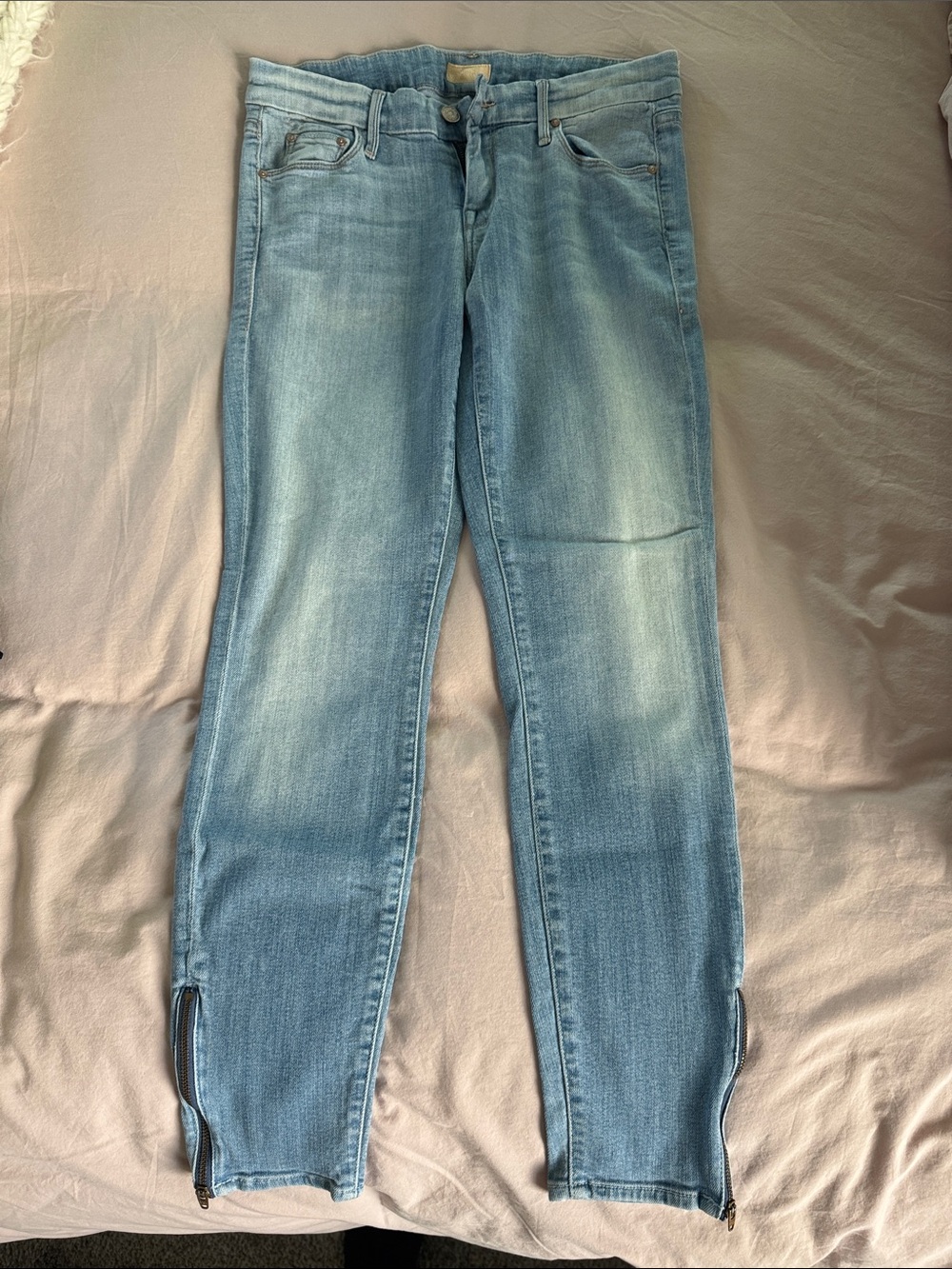 MOTHER Slim Straight Jeans in Light Blue with Ankle Zips
